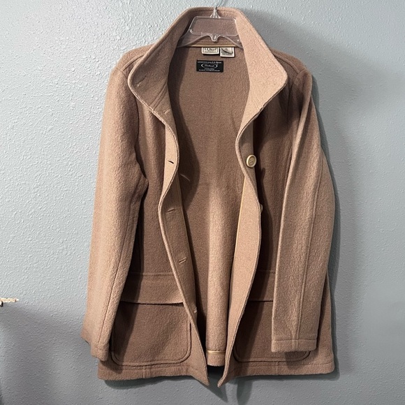 LL Bean Bellandi 100% Wool Coat Womens Sz XL Tan Mid Length Jacket Italy Vintage - Picture 4 of 6